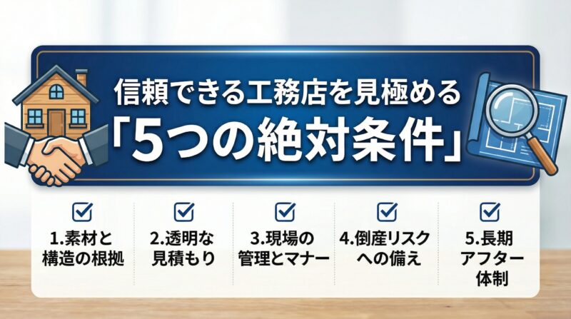 信頼できる工務店を見極める「5つの絶対条件」を表すイラスト